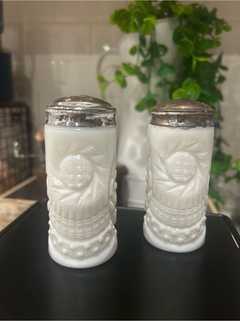 Vintage White Milk Glass Salt and Pepper Shakers with Silver Tops